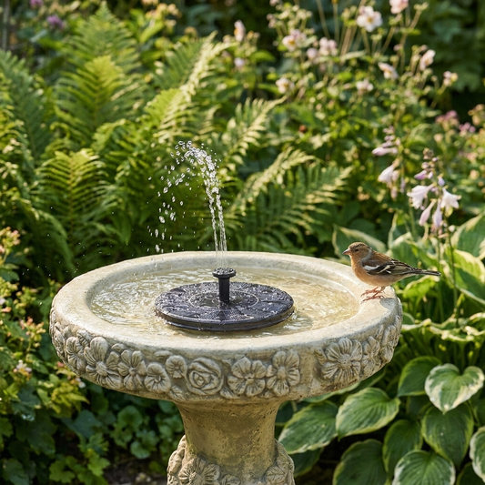 Solar fountain pump spraying in a stone bird bath