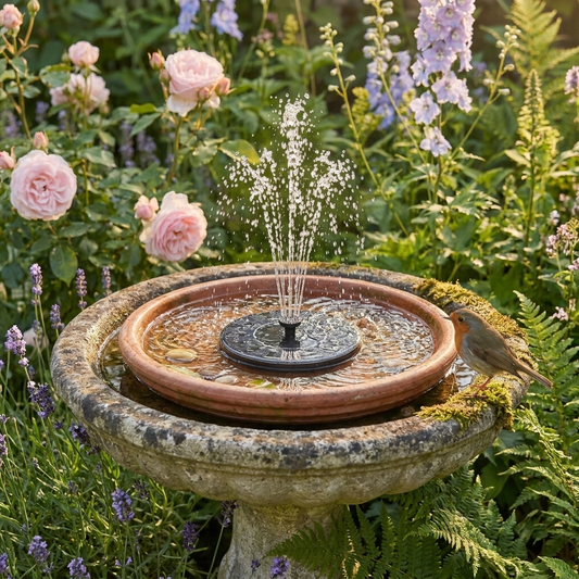 Solar bird bath fountain with a bird perched on the rim