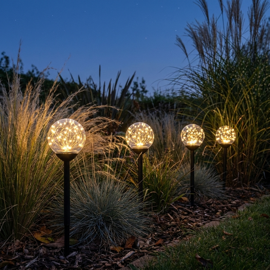 Solar sparkler path lights glowing along a garden border