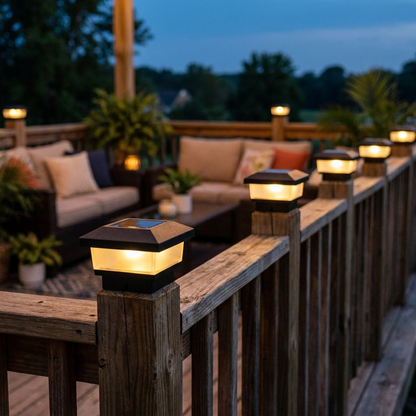 Solar deck post cap lights glowing along a deck rail