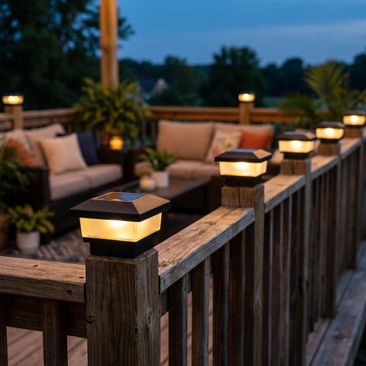 Solar deck post cap lights glowing along a deck rail