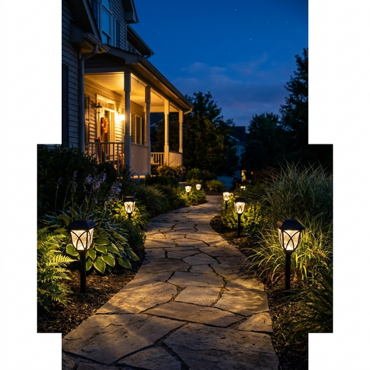 Solar pathway lights lining a stone garden path at dusk
