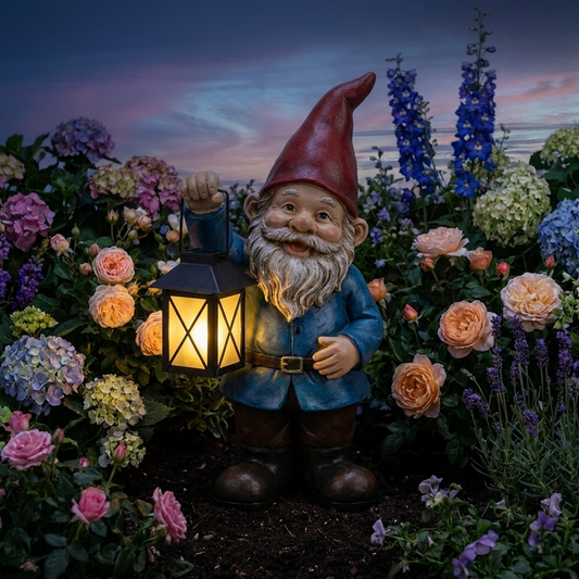 Solar garden gnome statue light glowing in a cottage garden