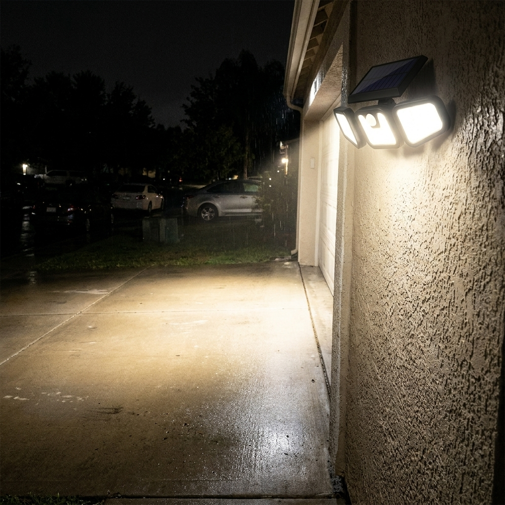 Solar motion sensor flood light lighting a driveway at night