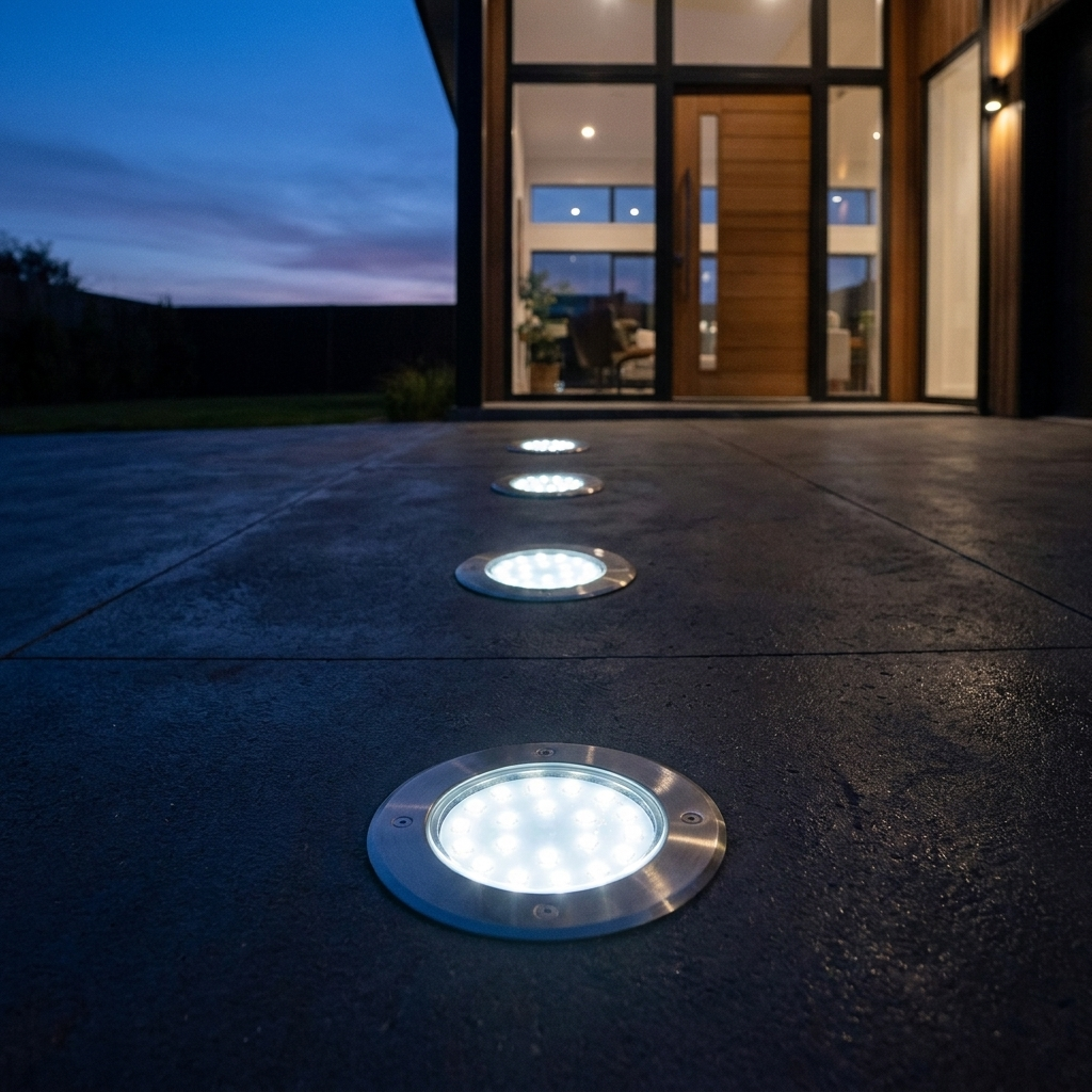 Solar in-ground driveway lights glowing at dusk