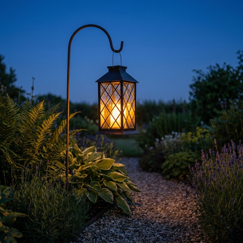 Solar hanging garden lantern glowing beside a path at dusk