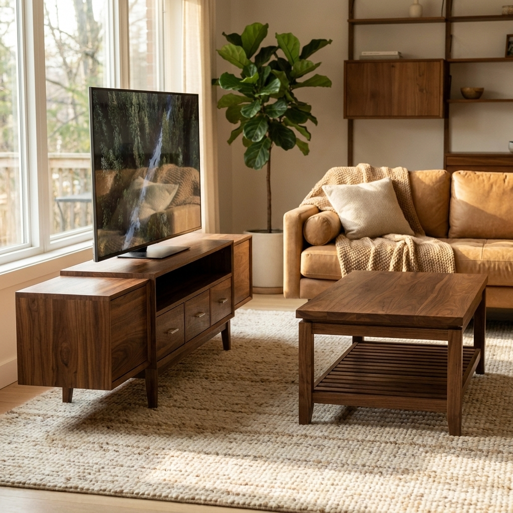Walnut TV stand and coffee table set in a living room