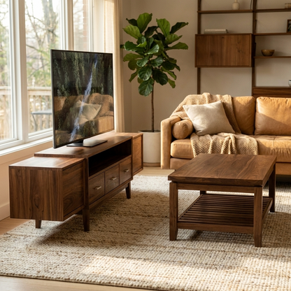 Walnut TV stand and coffee table set in a living room