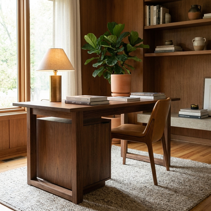 Walnut home office desk with cabinet in a warm study