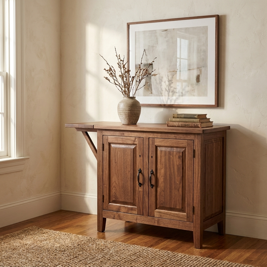 Walnut sideboard styled in an elegant dining room