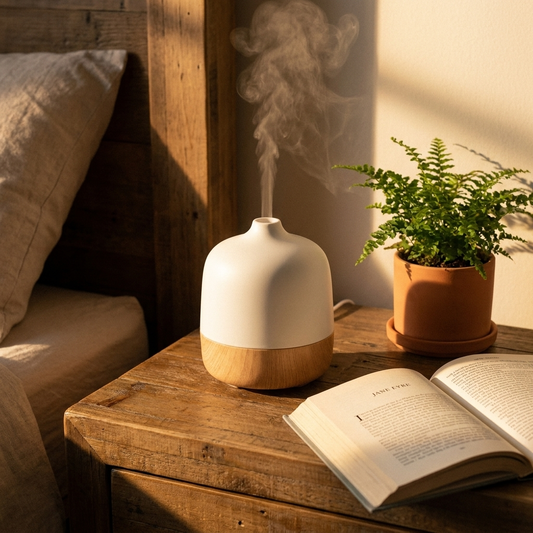 Essential oil diffuser misting on a timber bedside table