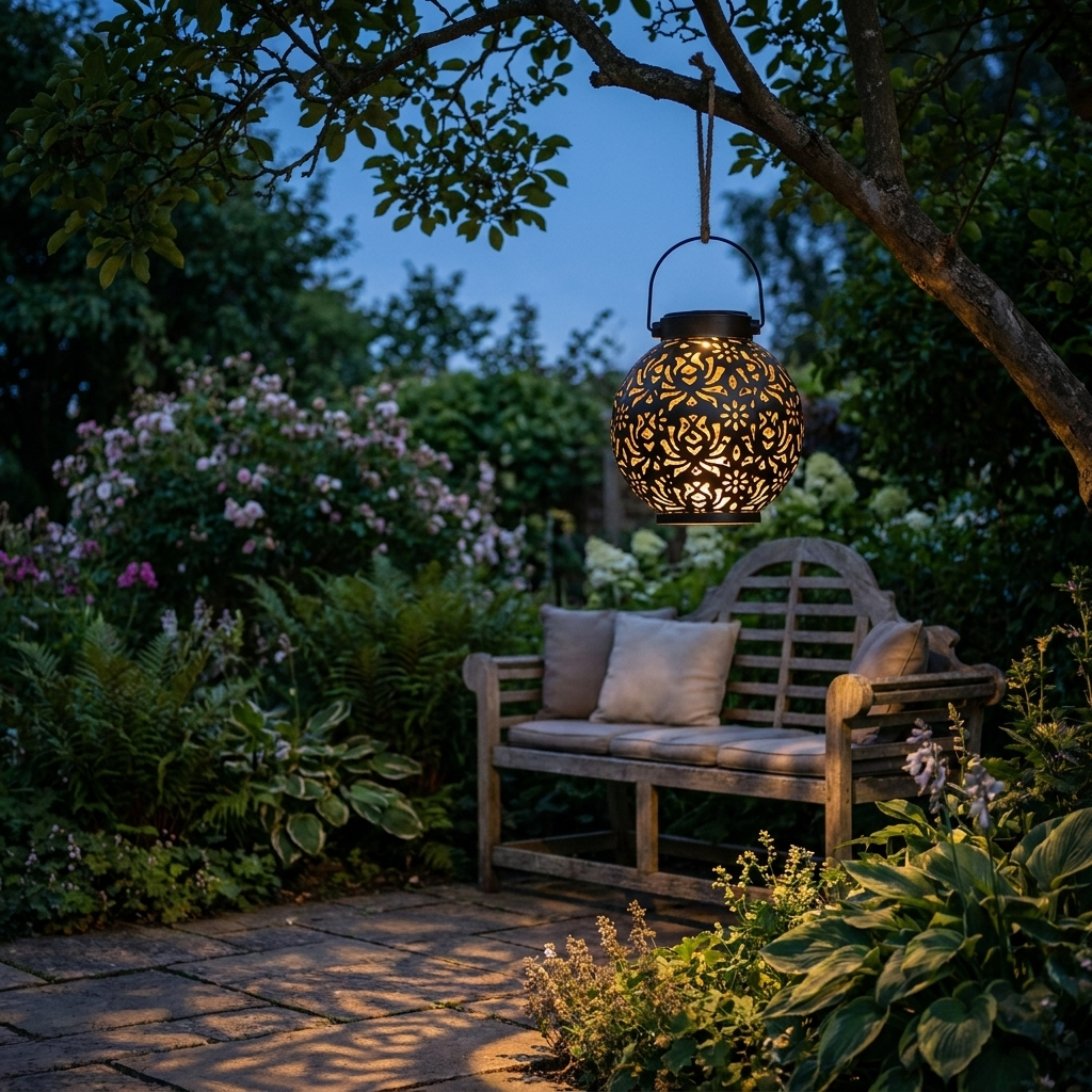 Solar pendant light hanging over a garden nook at dusk