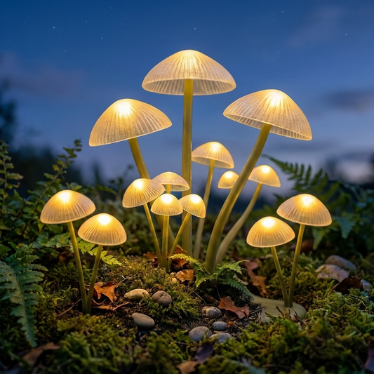 Swaying mushroom solar lights glowing in a mossy garden bed