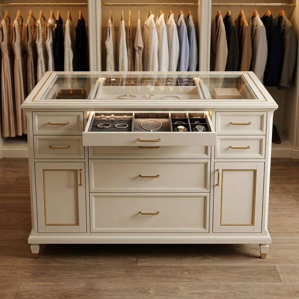 Ivory wardrobe island with glass top in a walk-in wardrobe