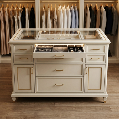 Ivory wardrobe island with glass top in a walk-in wardrobe