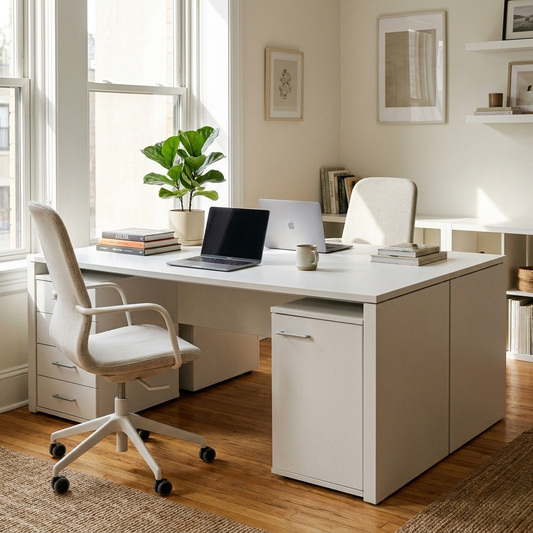 White two person home office desk in a bright office