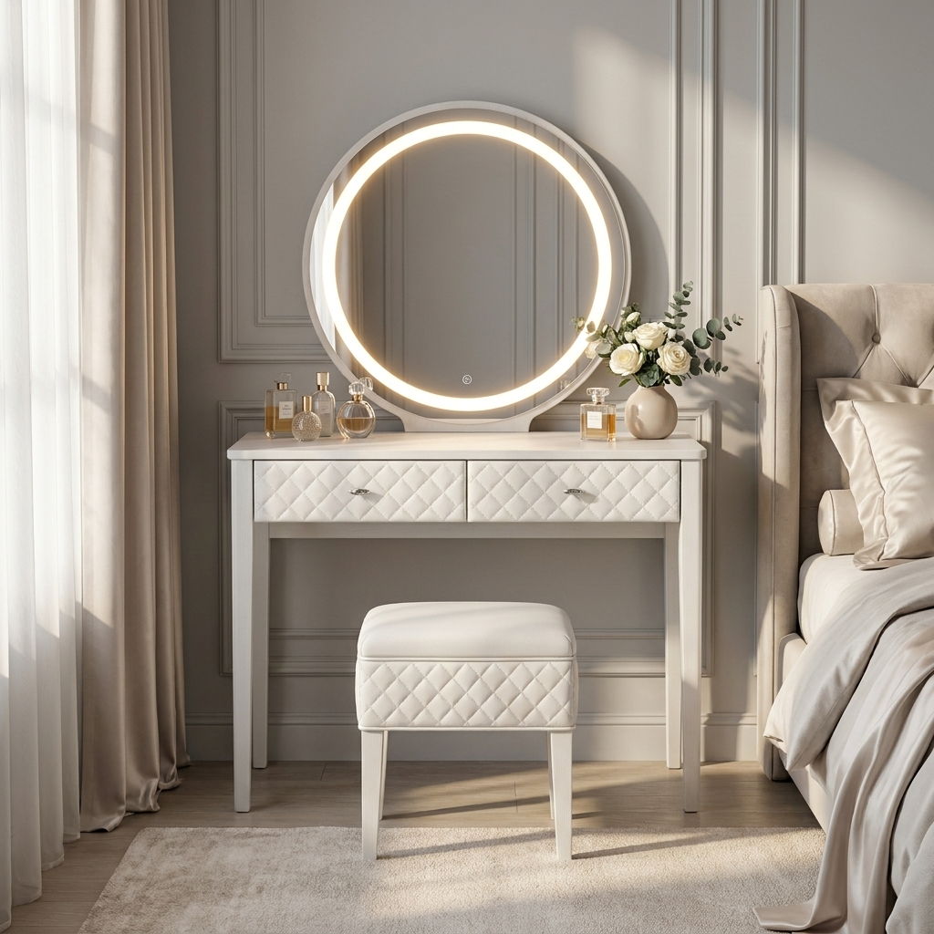 White makeup vanity with lit LED mirror and stool