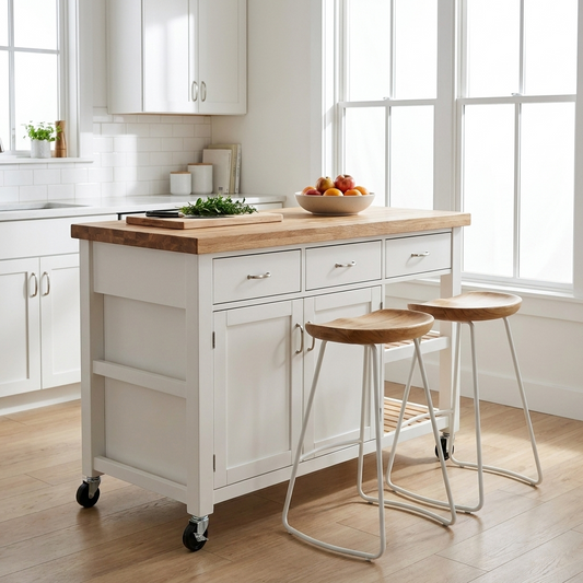 White kitchen island bench with stools in a bright kitchen