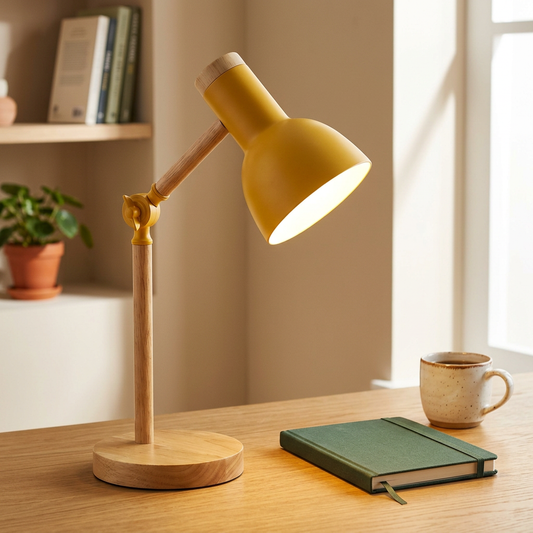 Wooden LED desk lamp lit on an oak study desk