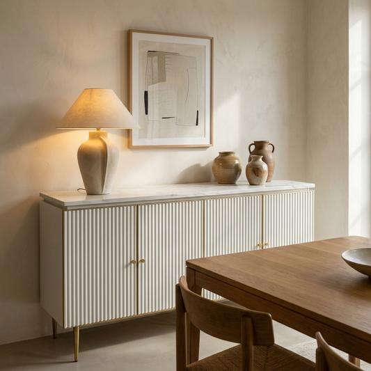 White fluted buffet sideboard with stone top in a dining room
