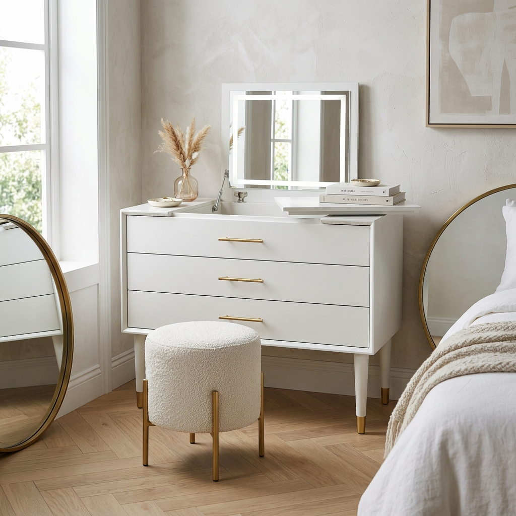 White retractable dressing table in a bright bedroom