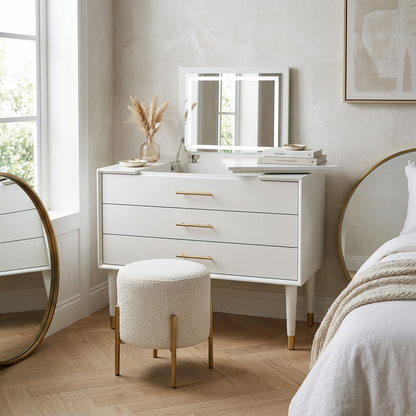 White retractable dressing table in a bright bedroom