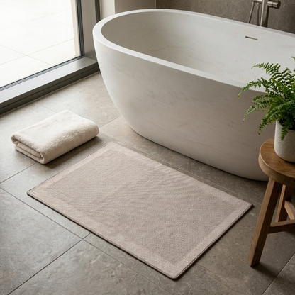 Quick-dry bath mat beside a freestanding bath