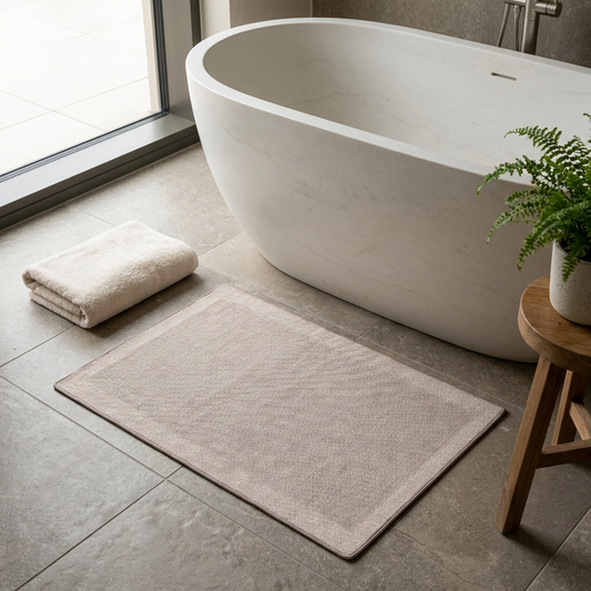 Quick-dry bath mat beside a freestanding bath
