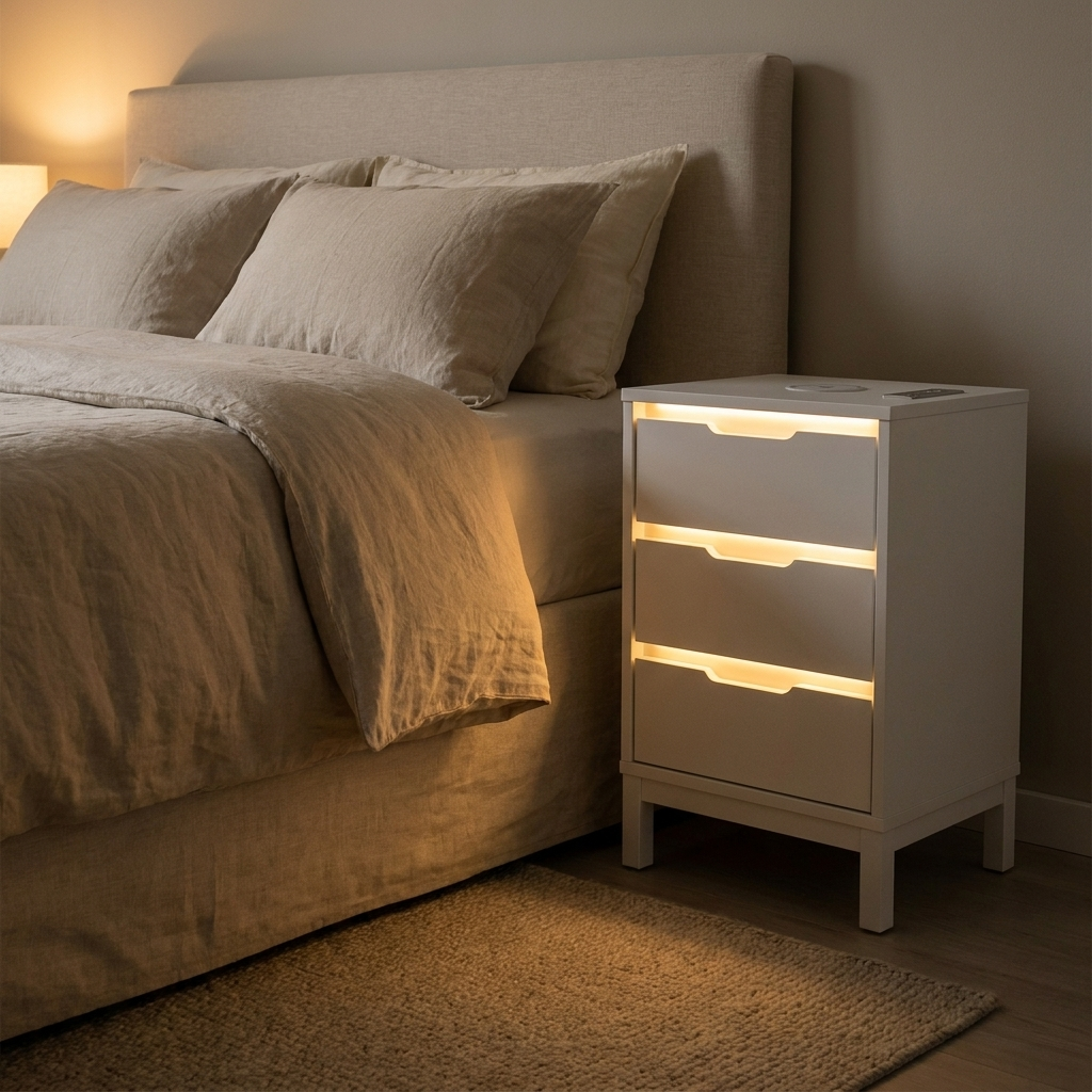 White bedside table with LED glow beside a linen bed