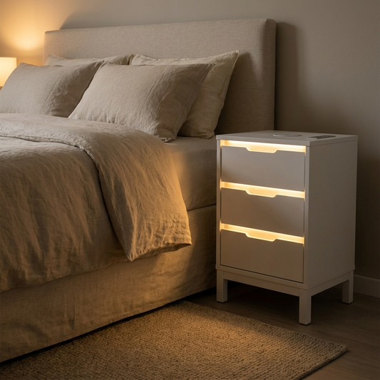 White bedside table with LED glow beside a linen bed