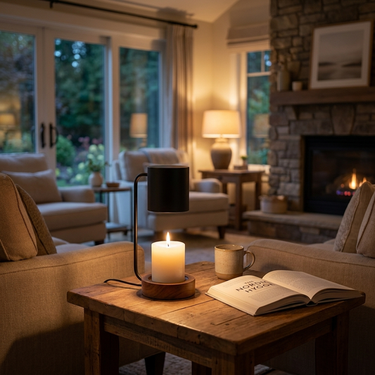 Wooden candle warmer lamp glowing on a side table at dusk