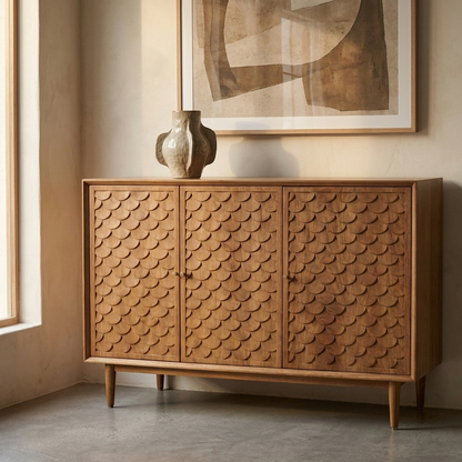 Wooden buffet sideboard styled in a warm dining room