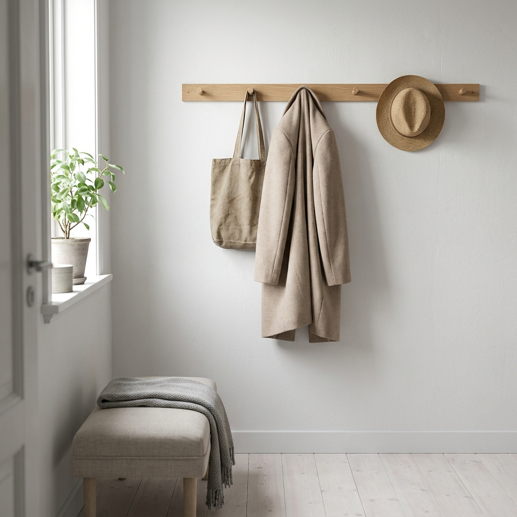Scandinavian oak wall rack holding a coat, tote and hat in a bright entryway