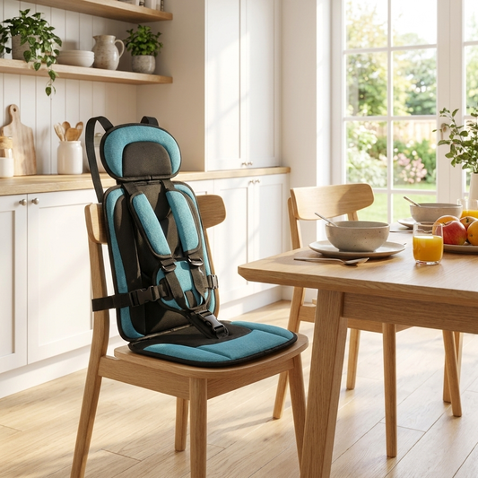 Foldable travel seat cushion strapped to a dining chair at the family table