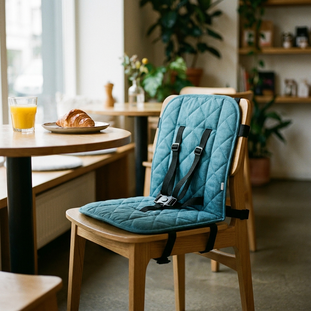 Travel seat cushion fastened to a cafe chair