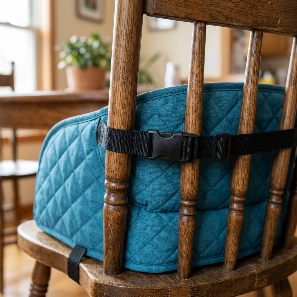 Close-up of the cushion padding and straps secured to a chair backrest